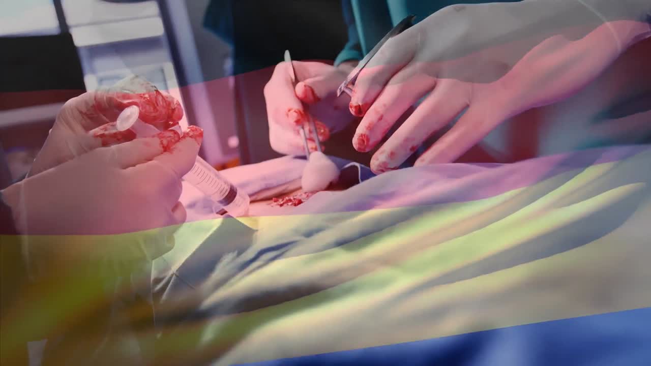 수술실에서 외과 의사 들 위 에 흔들리는 독일 국기 의 애니메이션