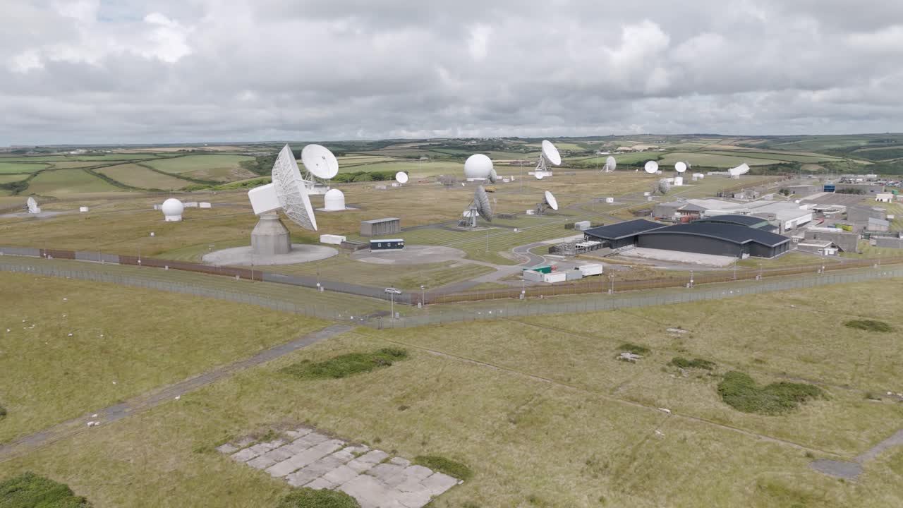 Aerial view of the GCHQ and NSA repeater station and listening post in Bude, Cornwall, United Kingdom, with numerous satellite dishes
