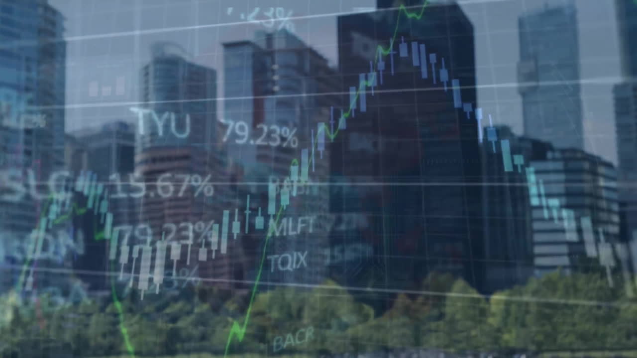 Animation of financial data processing over cityscape