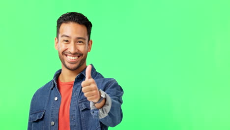 Face,-thumbs-up-and-man-in-green-screen-studio