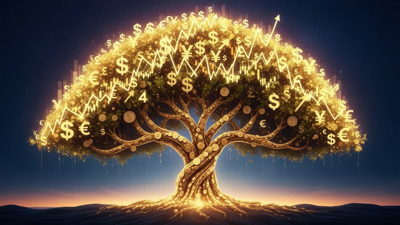 A Glimmering Tree of Wealth: An Artistic Representation of Prosperity and Financial Growth with Floating Currency Symbols and Upward Trends Illuminating the Scene