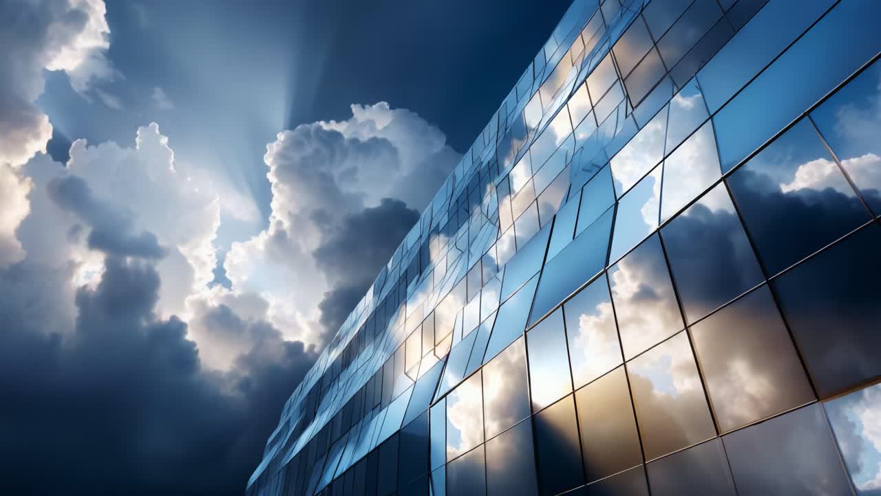 A Modern Architectural Marvel Reflecting Clouds and Sunlight: Captivating Views of a Glass Facade Against a Dramatic Sky Enhancing Urban Aesthetics and Natural Beauty
