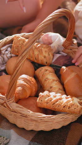 primer plano de las manos seleccionando bocadillos horneados de una canasta de picnic mientras están sentados en una manta a cuadros, un niño deja caer un pastel y elige otro mientras la luz del sol destaca el cálido entorno al aire libre