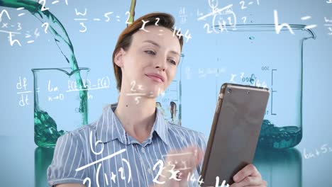 animation of mathematical equations and caucasian woman using tablet over beakers