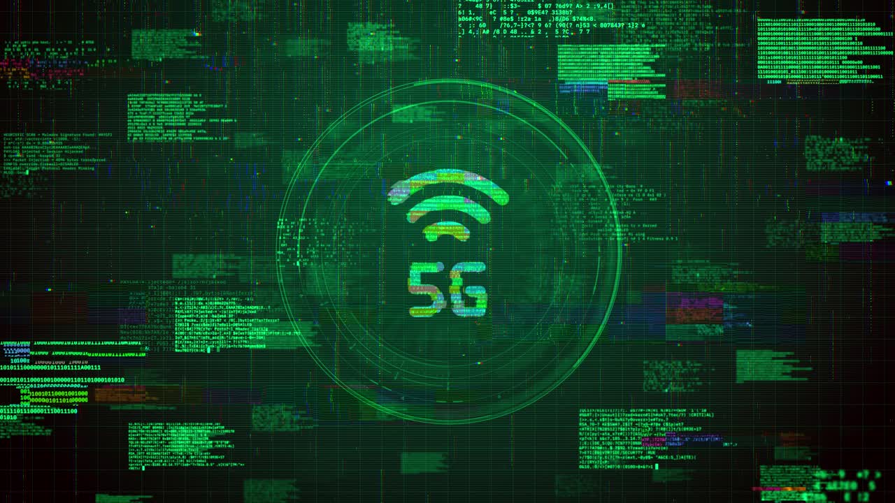 Icona 5G futuristica su sfondo animato di glitch di hacking verde