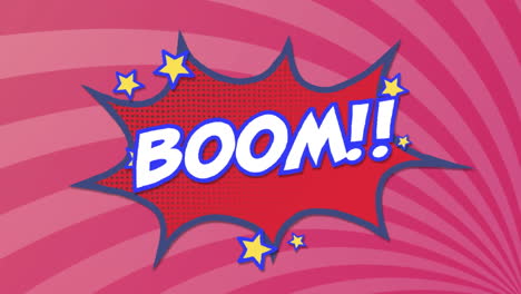 animación de texto de boom en burbuja de habla retro y patrón de rayas rosas
