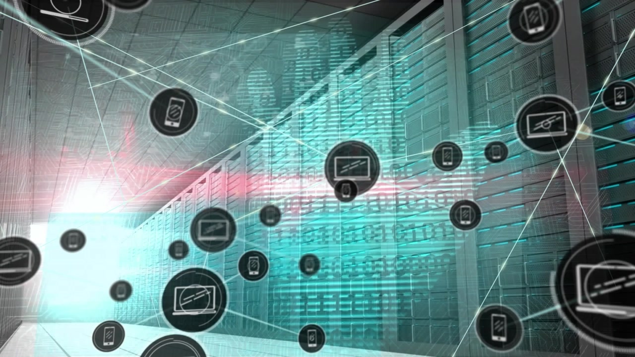 Animation of network of connections with icons and binary coding over computer servers