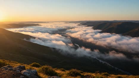 captivating view of dawn breaking over a serene valley, embraced by lush greenery and soft mist, as the golden sunlight illuminates the landscape
