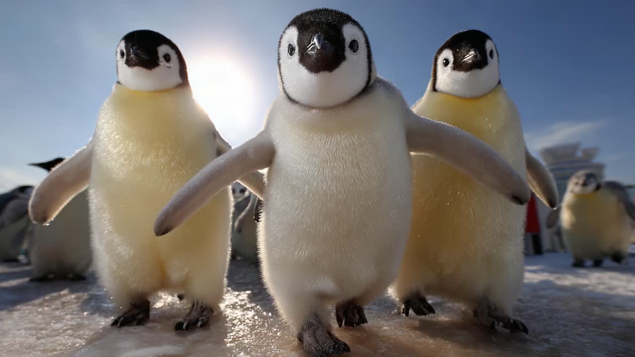 A Captivating Moment with Playful Penguin Chicks: Three Adorable Juvenile Emperor Penguins Marching Together in a Beautiful Icy Landscape Under a Glorious Sunlight