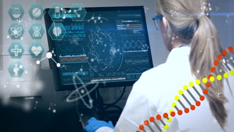 DNA-and-chemical-structures-moving-against-female-scientist-using-computer-