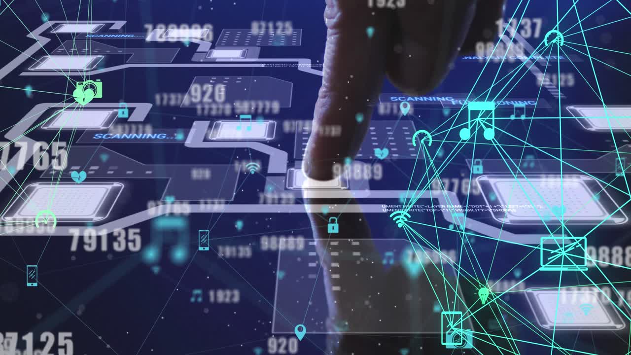Animation of numbers changing, networks of connections over man touching processor screen