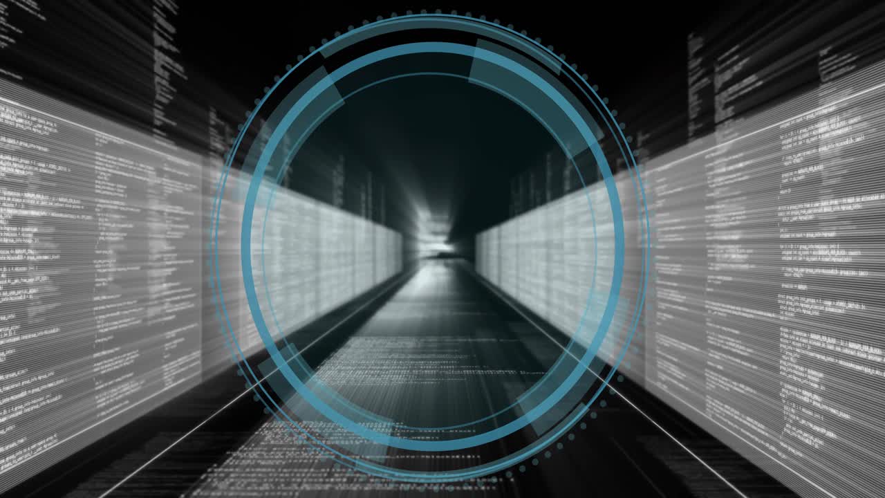 Shield fading causing teal HUD ring emerging, scanning scrolling code tunnel showing system sweep