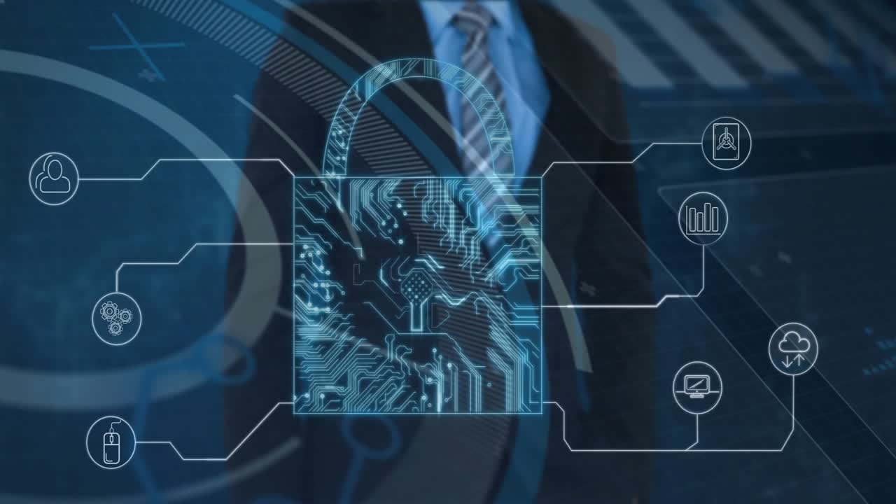 Male executive raising finger activating HUD padlock, materializing circuits and icons for security