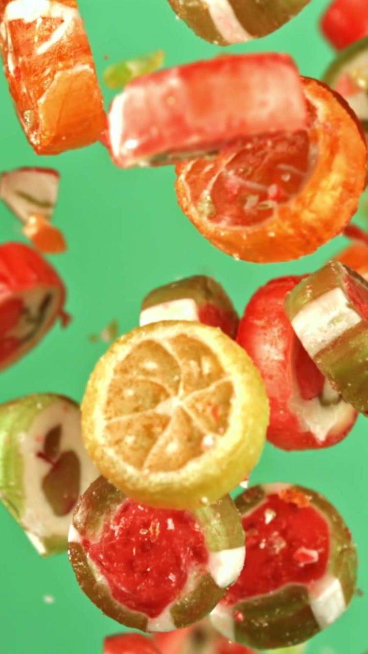 Colorful Fruit Candies Falling in Slow Motion on Green Background