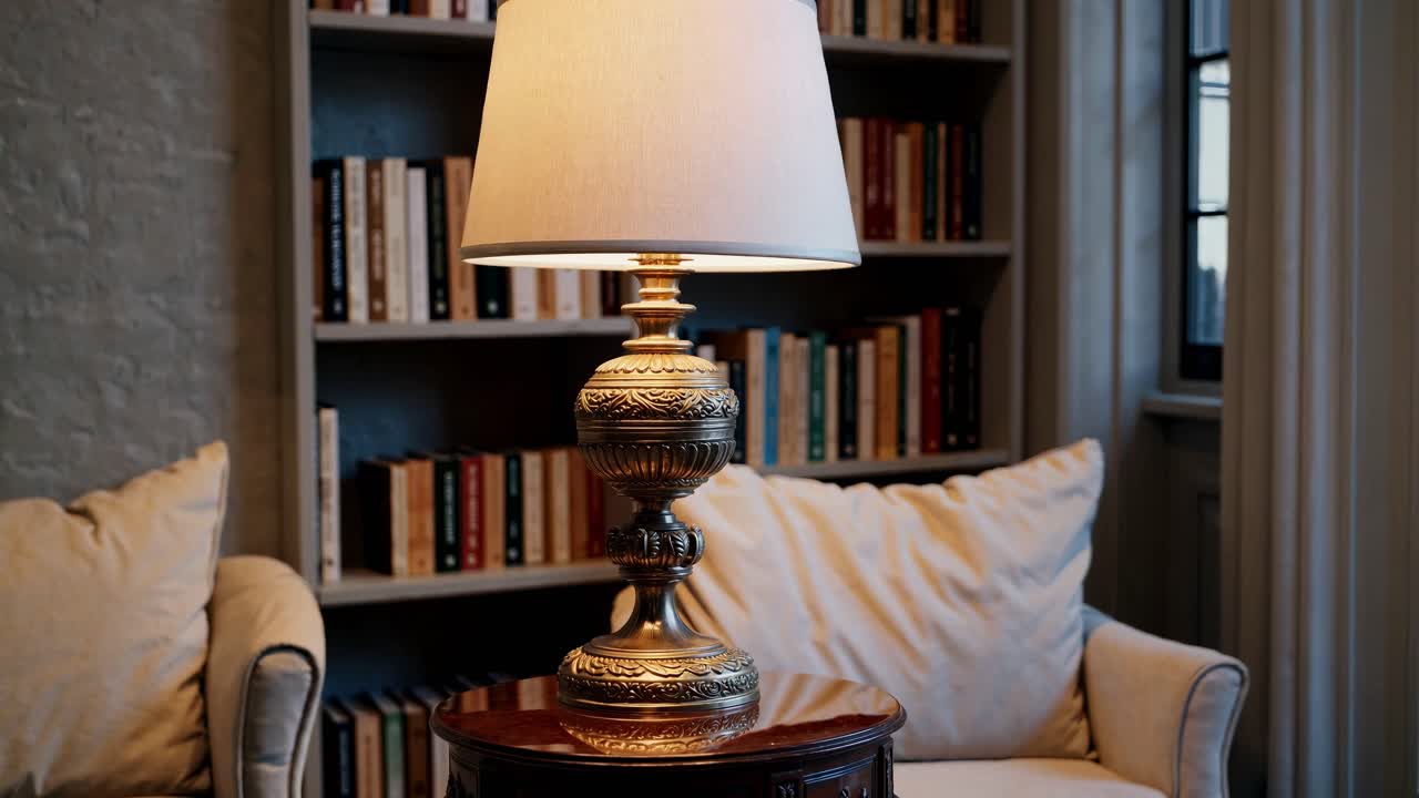 Cozy reading nook with a vintage lamp on a side table, captured at eye level