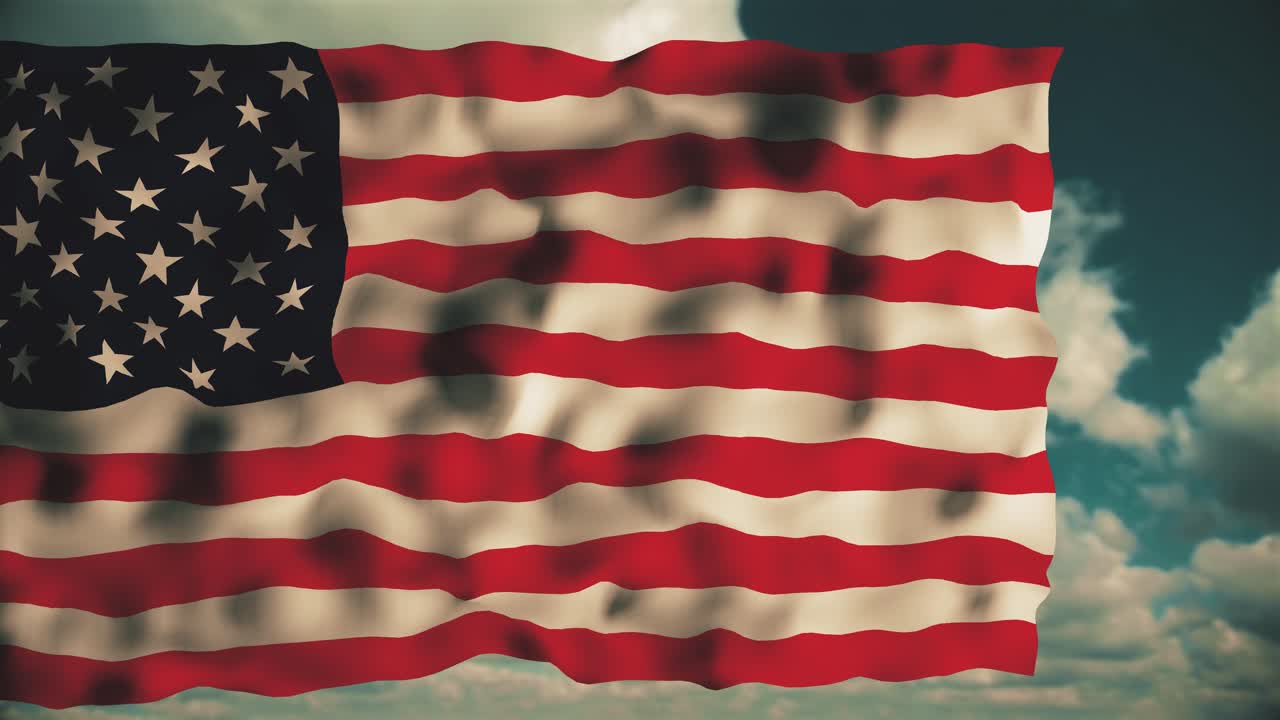 A stunning 3D animation CGI render of the American Flag waving dynamically against a dramatic, cloudy sky. Excellent video footage for patriotism, news, and political themes