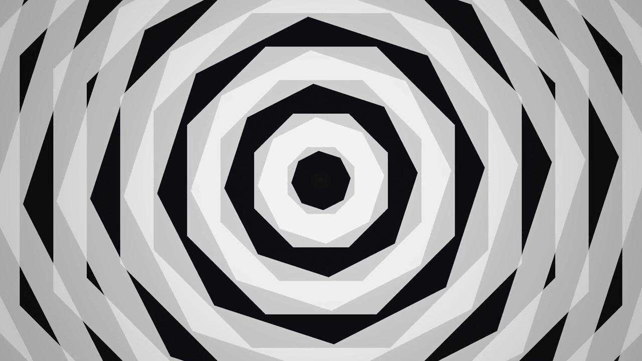 En serie koncentriska cirklar bestående av geometriska former i ett svartvitt färgschema. Designen skapar en känsla av rörelse och djup