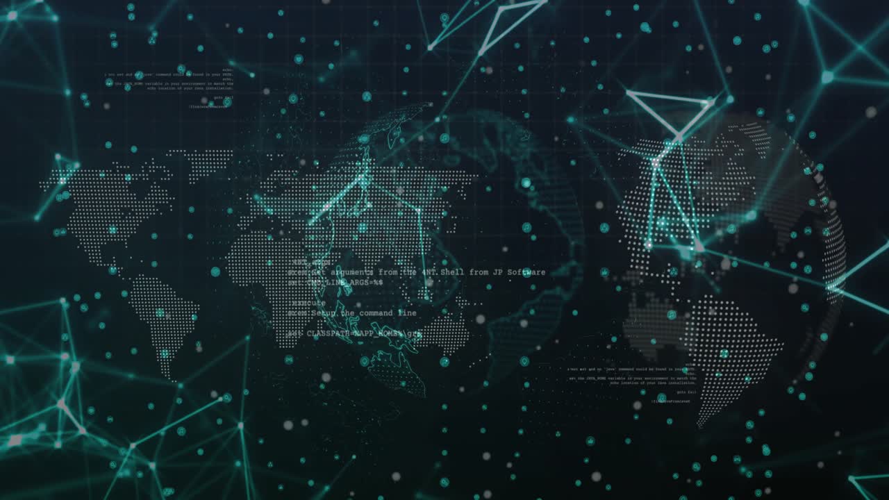 3D render showing central dotted globe glowing and network links spreading across dark digital grid