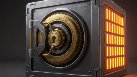 a close-up look at a high-tech security safe featuring an intricate locking mechanism and an illuminated interface, emphasizing safety and modern design
