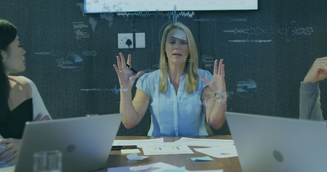 Business leader raising hands and generating code snippets waveform radar and grid engaging team