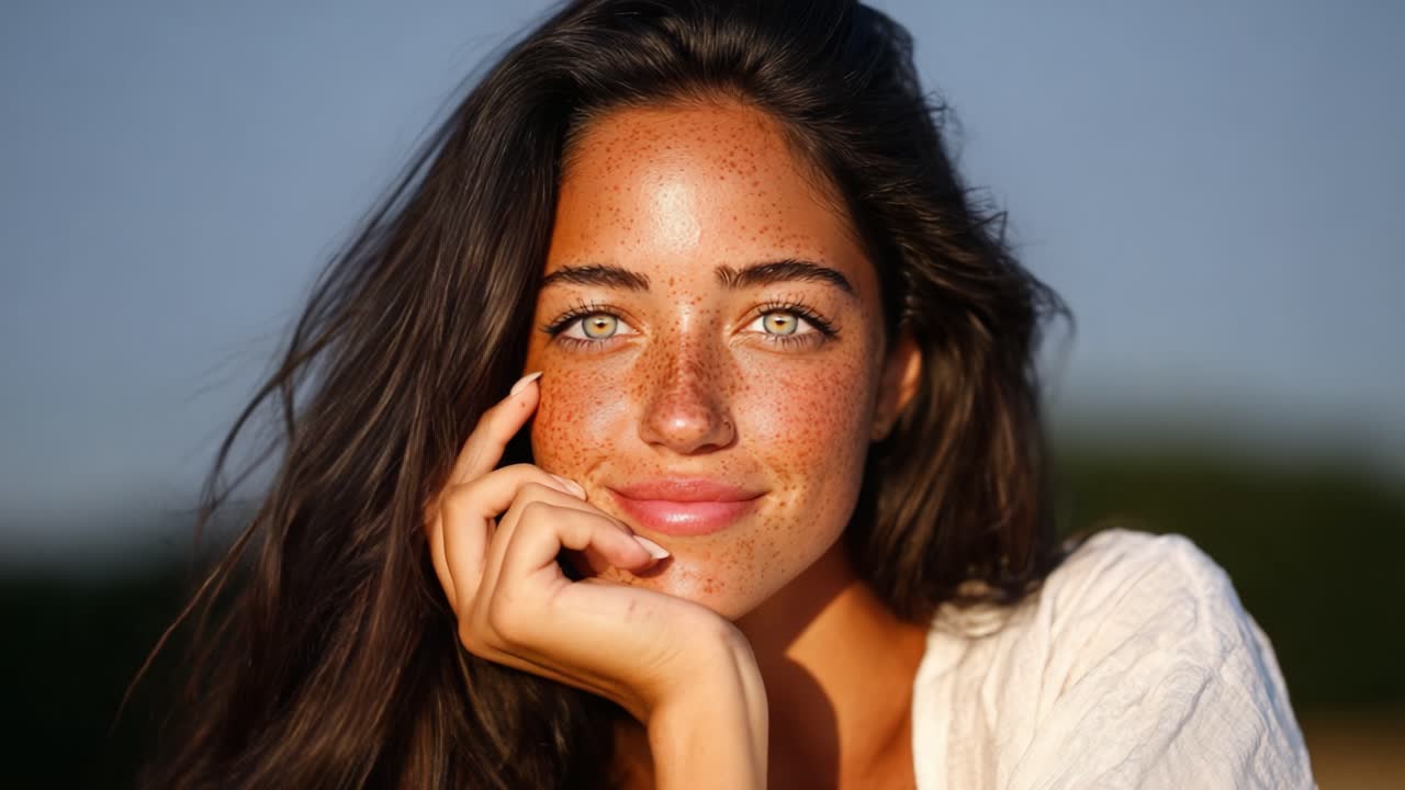 A Portrait of Natural Beauty: A Close-Up of a Young Woman with Freckles Smiling Radiantly in Soft Evening Light, Highlighting Her Striking Green Eyes and Healthy Glow