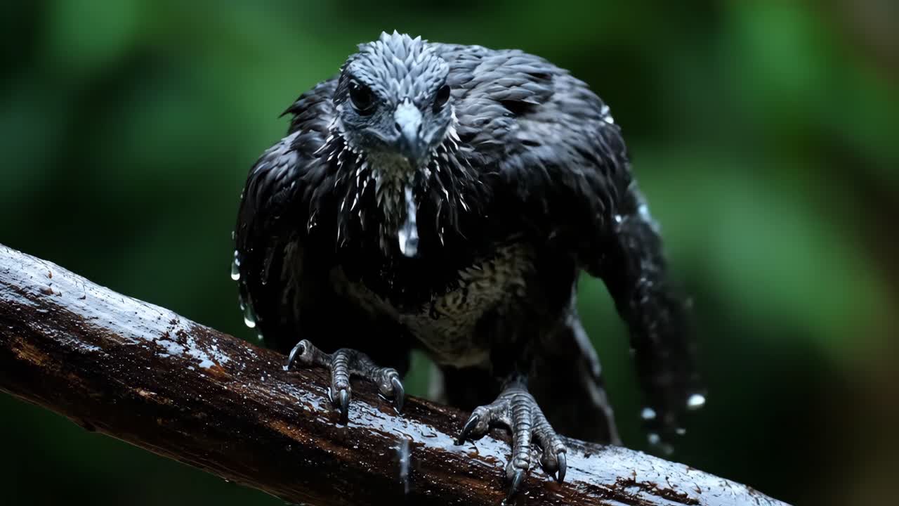 Raven perched on a wet branch