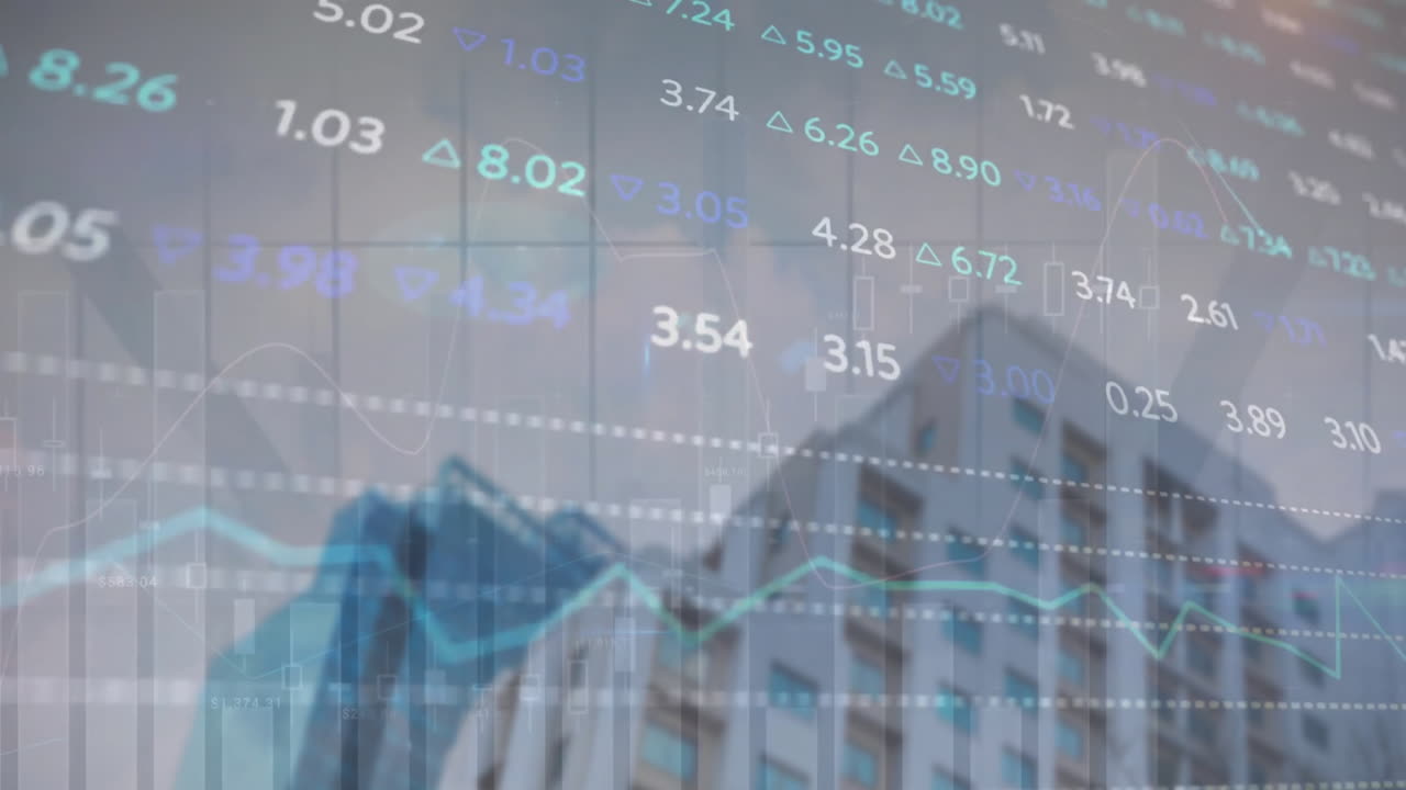 animación del procesamiento de datos financieros sobre el paisaje urbano