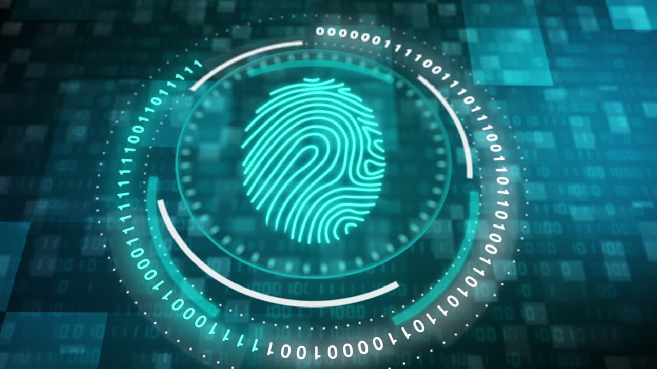 Fingerprint scanner on blue background with binary code and blinking pixels. HUD rotating elements. Looped motion graphics. Concept of biometric data protection.