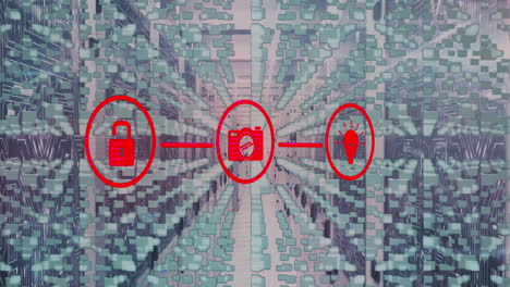 animation of network of connections with icons and padlock icon over server room