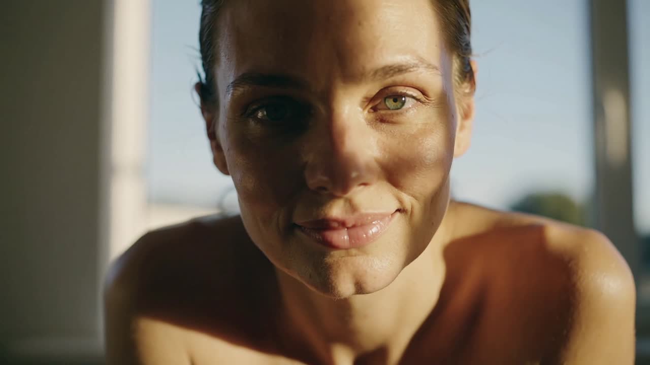 Leaning adult woman moving closer to camera at window with sunlight shifting, making eye contact