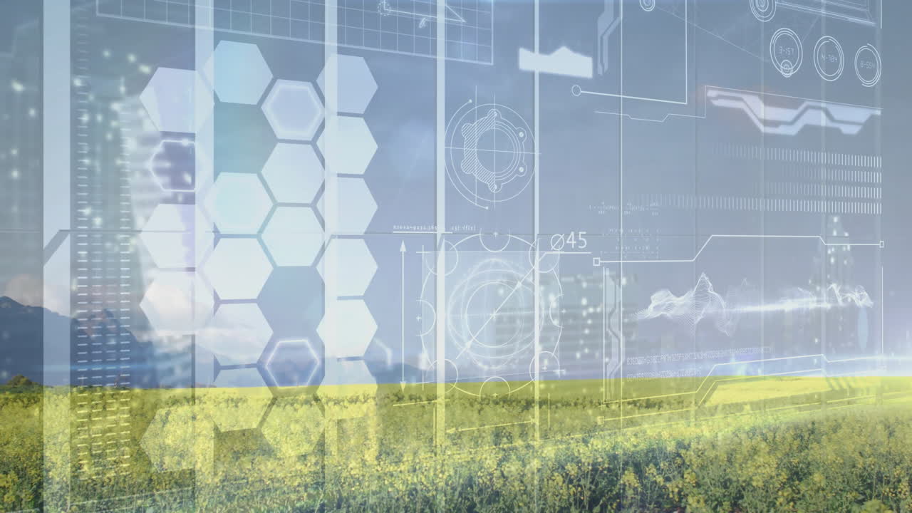 Futuristic interface overlay animating over yellow rapeseed field with hex grids and data graphs