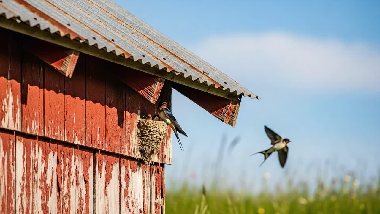 A Serene Moment at a Rustic Barn: Swallows Nesting and Taking Flight Against a Clear Sky, Showcasing Nature's Harmony and the Beauty of Rural Life