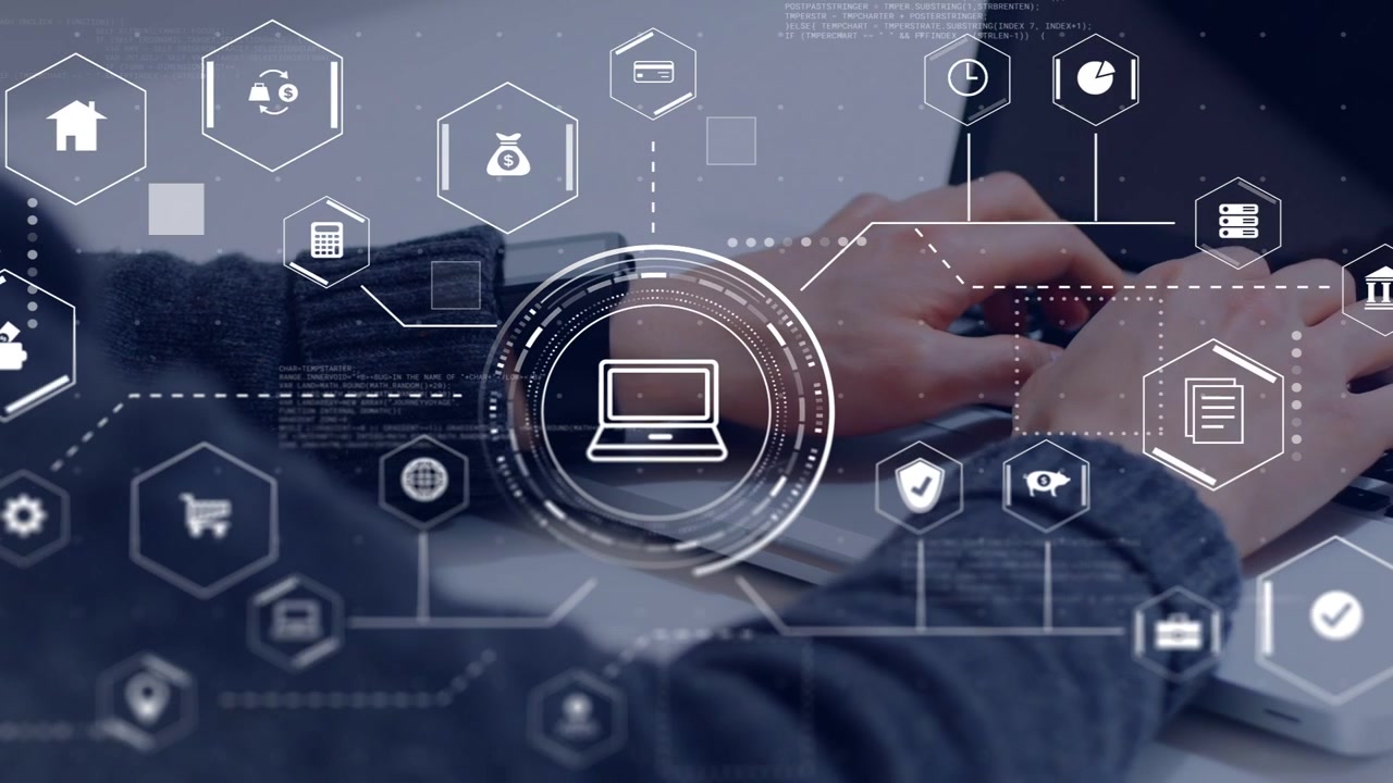 Man typing at desk causing animated HUD with laptop icon and hex icons showing finance security