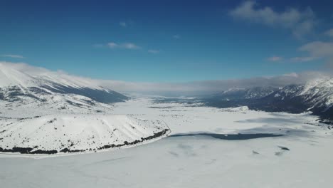 areal shoot of a frozen lake, surrounded by mountains on a beautiful sunny day