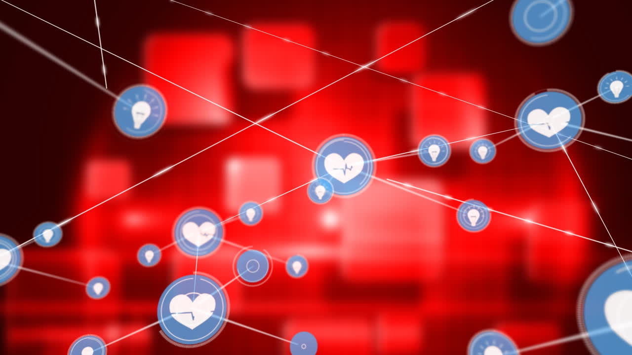 심장 과 전구 아이콘 의 애니메이션 이 흐릿 한  ⁇ 은 빛 을 발하는 상자 위 에 있는 선 들 을 연결 하고 있다