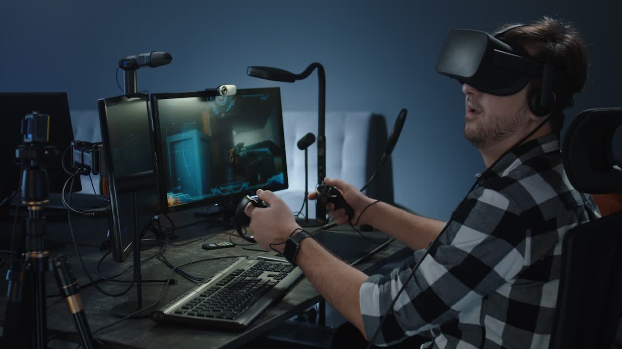 Person using VR headset playing video game on computer setup
