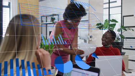 animation of graphs and changing numbers over diverse female coworkers discussing reports in office