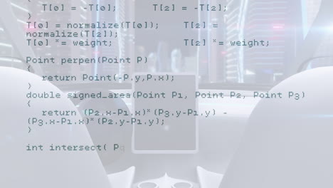 Computer-code-animation-over-futuristic-vehicle-interior-with-two-seats-and-screen