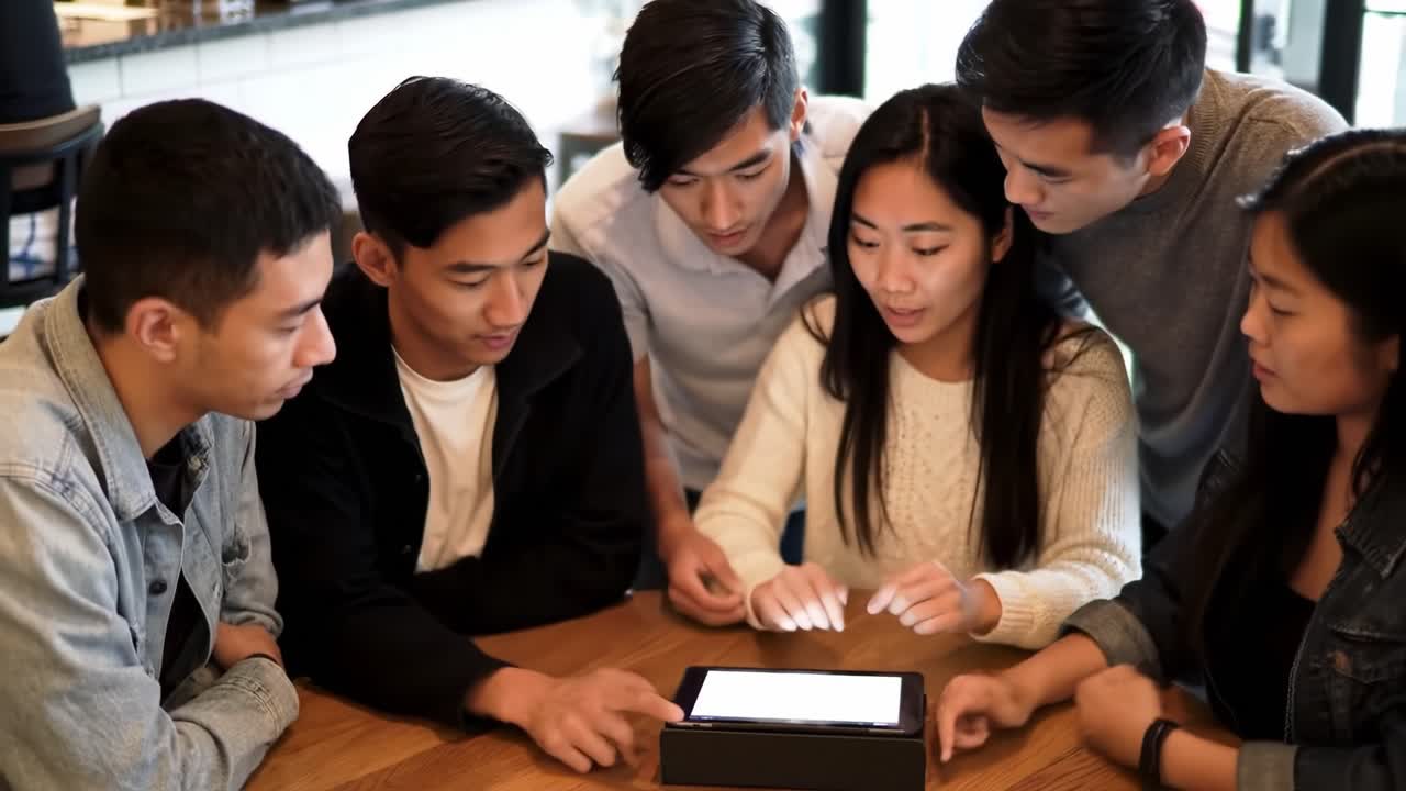 A Group of Friends Engaging Around a Tablet in a Cozy Cafe Environment ...