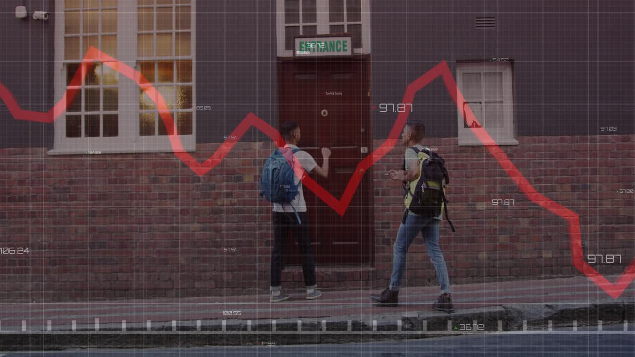 Two males walking to door lead knocking to enter red graph moving over pair for education