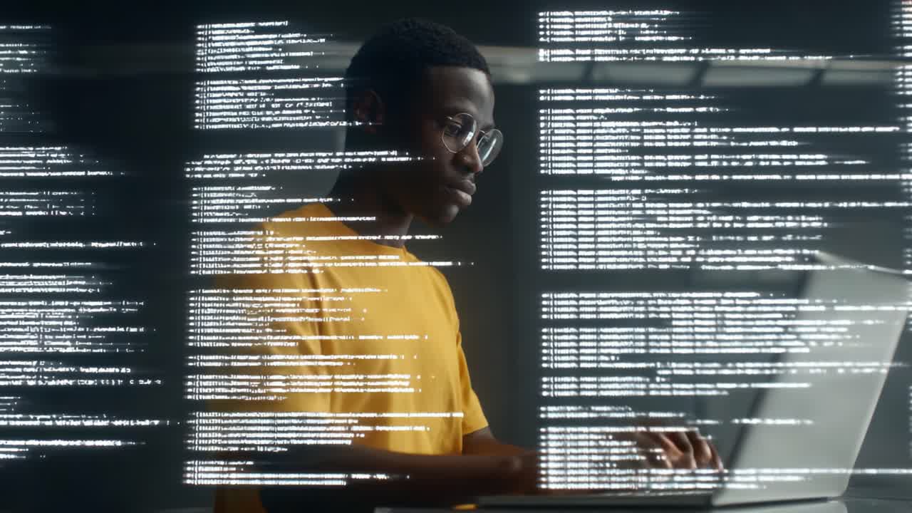 A focused young individual in a vibrant yellow shirt engages with a laptop, immersed in lines of code, symbolizing perseverance and skill in programming within a digital environment