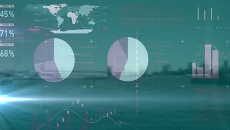 punto de luz sobre el procesamiento de datos financieros y estadísticos contra el paisaje urbano en el fondo
