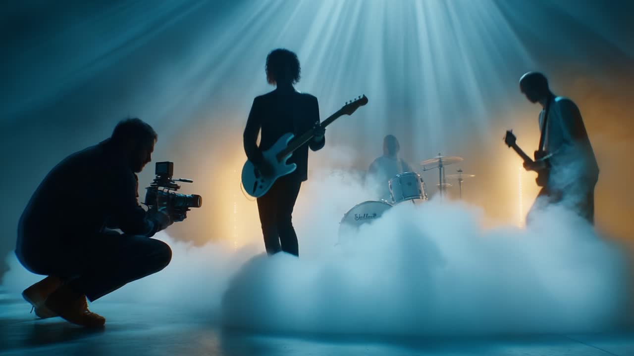 Captivating Moments of a Dynamic Music Performance: A Filmmaker's Perspective as Musicians Create an Atmosphere of Energy and Emotion Surrounded by Ethereal Fog and Dramatic Lighting