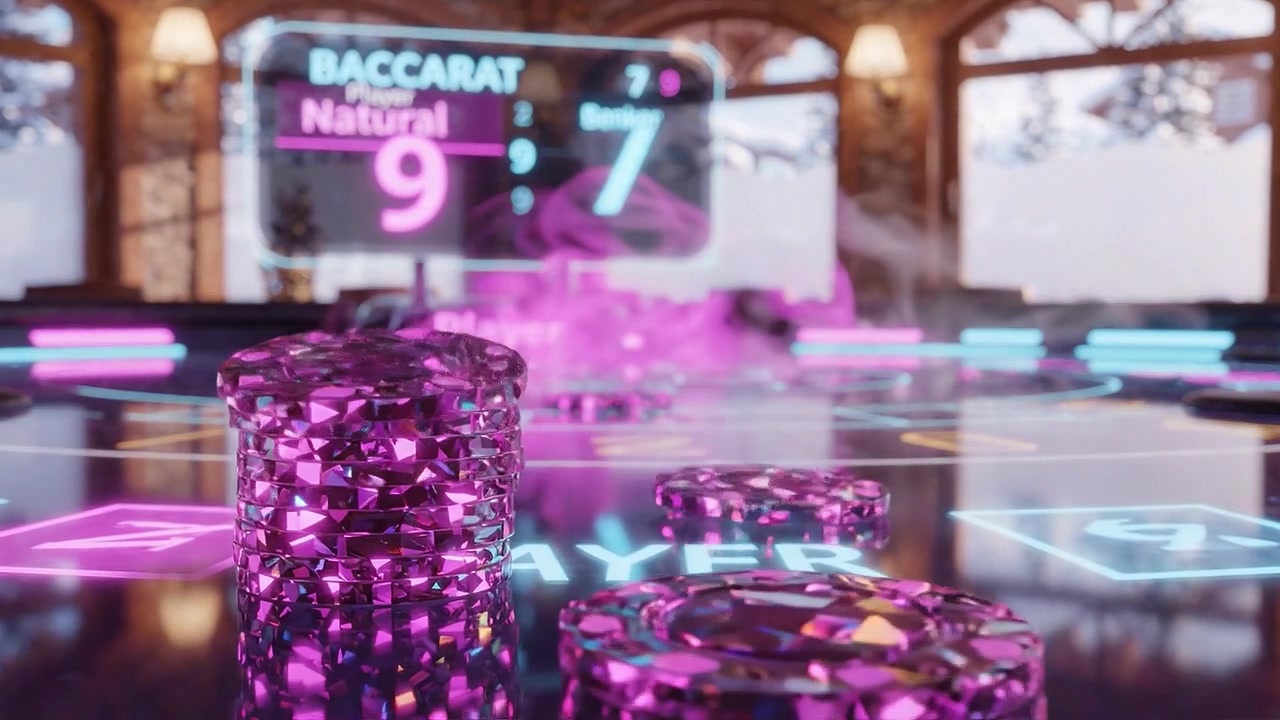 Emozionante scena di gioco di Baccarat con la vittoria naturale del giocatore con una mano forte contro il banco, ambientata in un'accogliente atmosfera da casinò in inverno.