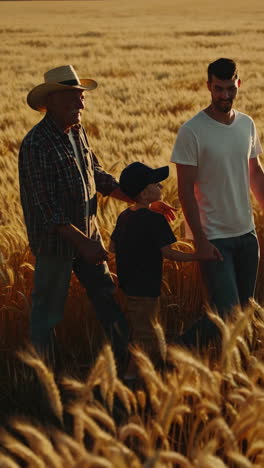 three generations walking through a golden wheat field at sunset