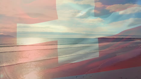animation of flag of switzerland blowing over beach landscape