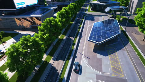 futuristic cityscape with solar panels and electric vehicles
