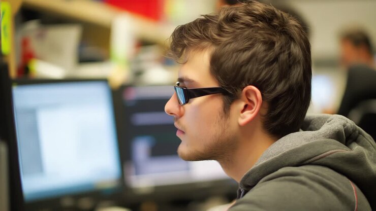 Young programmer wearing glasses looking at computer screen in an office environment, possibly reviewing code or working on a software development project