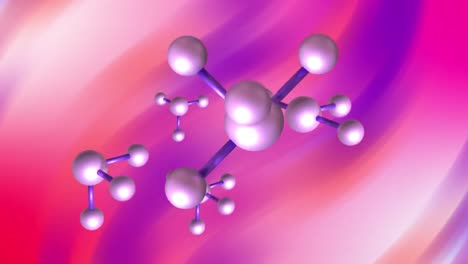 Animation-of-macro-of-molecules-over-purple-and-pink-light-trails-background