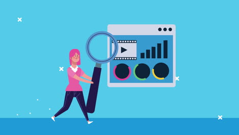 businesswoman lifting magnifying glass character animated